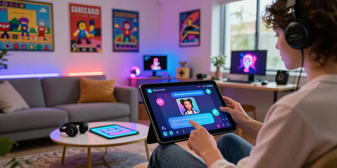 Interactive nsfw chat bot experience in a modern lounge environment with customizable avatars and engaging displays.