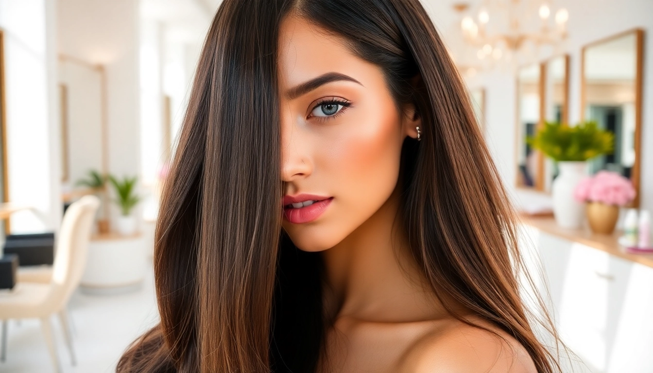 Model wearing genius weft hair extensions, showcasing stylish volume and natural shine in a salon.