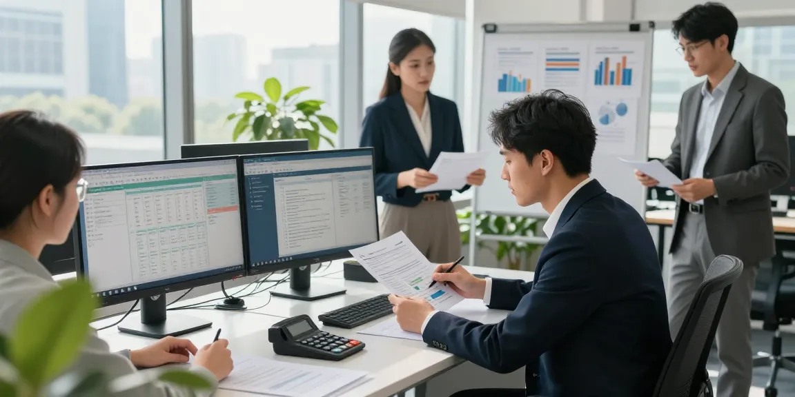 Member AAFI KOTA BOGOR memeriksa dokumen keuangan di kantor modern.