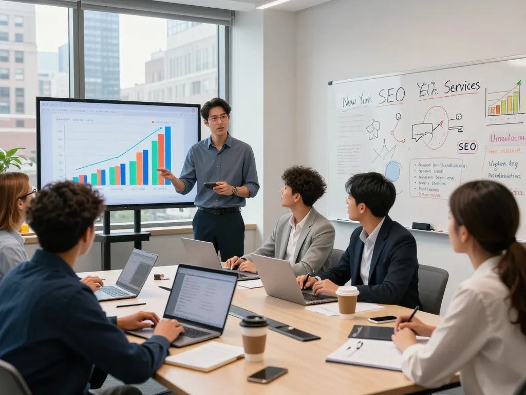 Team collaboration at a New York SEO agency showcasing New York SEO Services and analytics data.