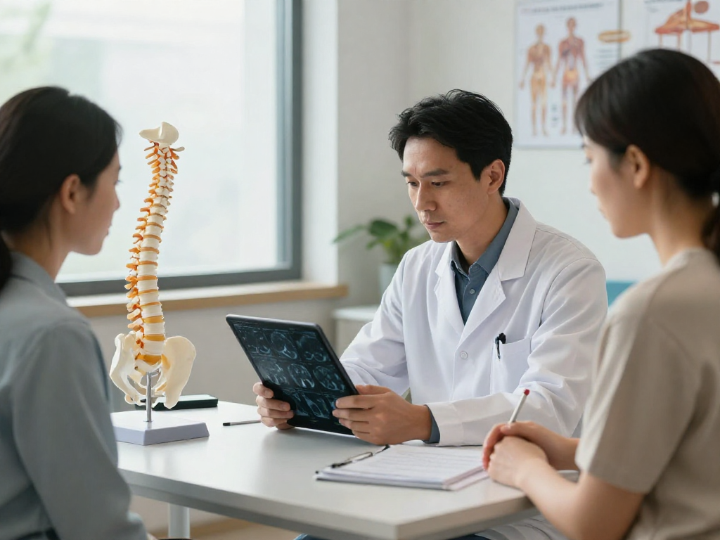 Consultation about bel fıtığı ameliyatı in a modern clinic with a surgeon and patient.