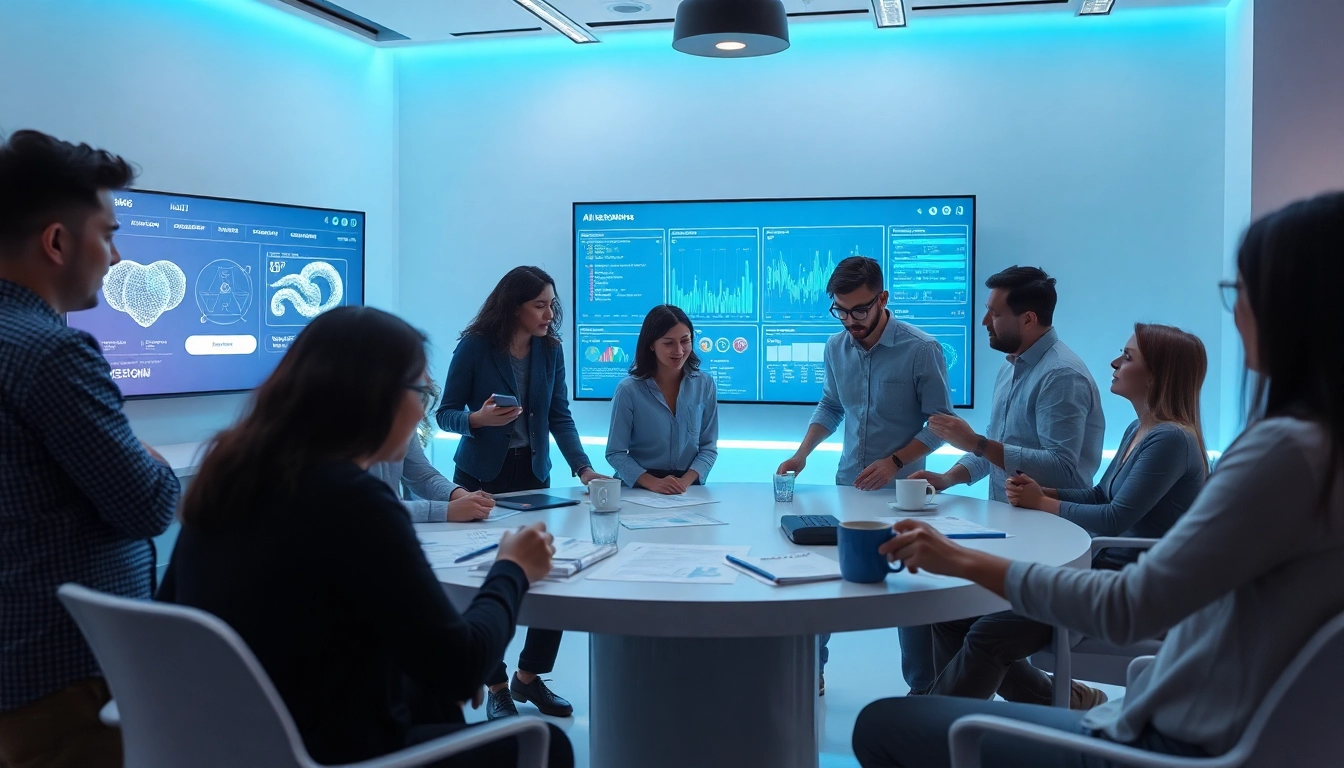 An innovative workspace showcasing professionals collaborating with advanced technology, emphasizing image to prompt ai usage.