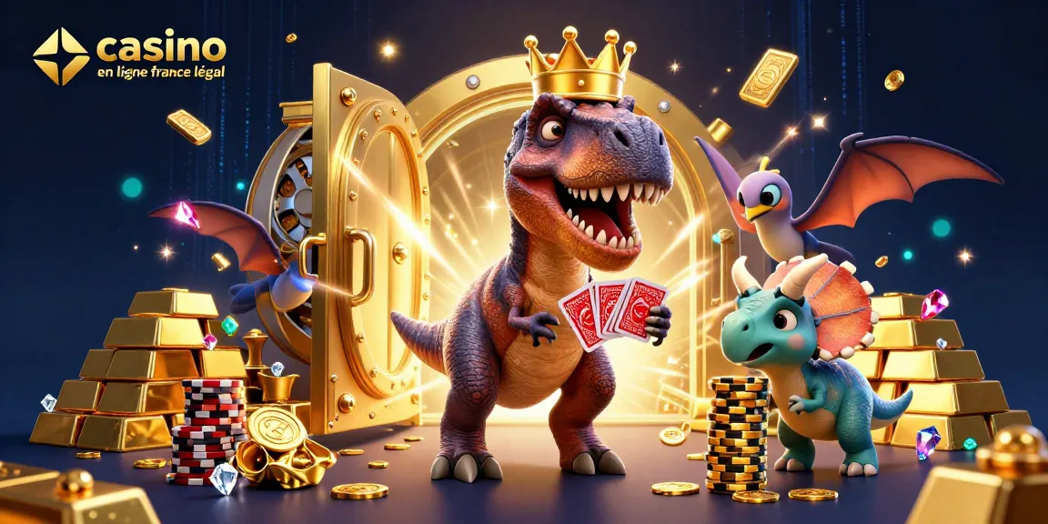 Illustration cartoon dynamique représentant un T-Rex jouant aux cartes et un triceratops empilant des jetons, thématique casino en ligne France légal.