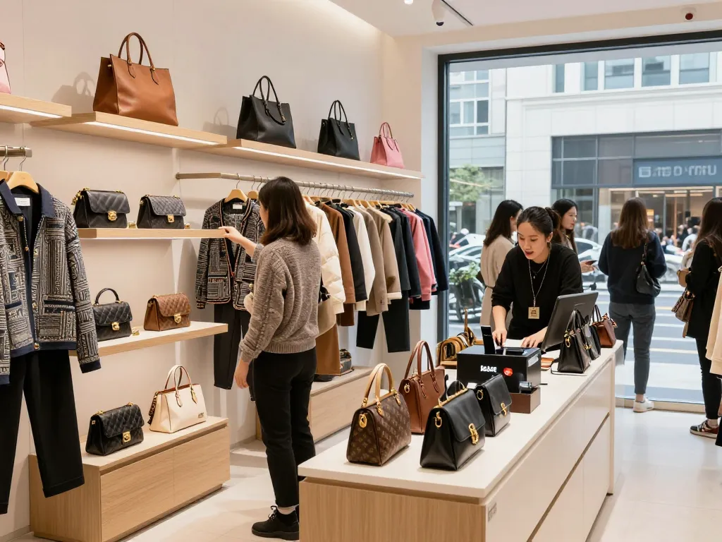 Experiencing luxury at a 레플리카 사이트 boutique with stylish handbags and chic decor.