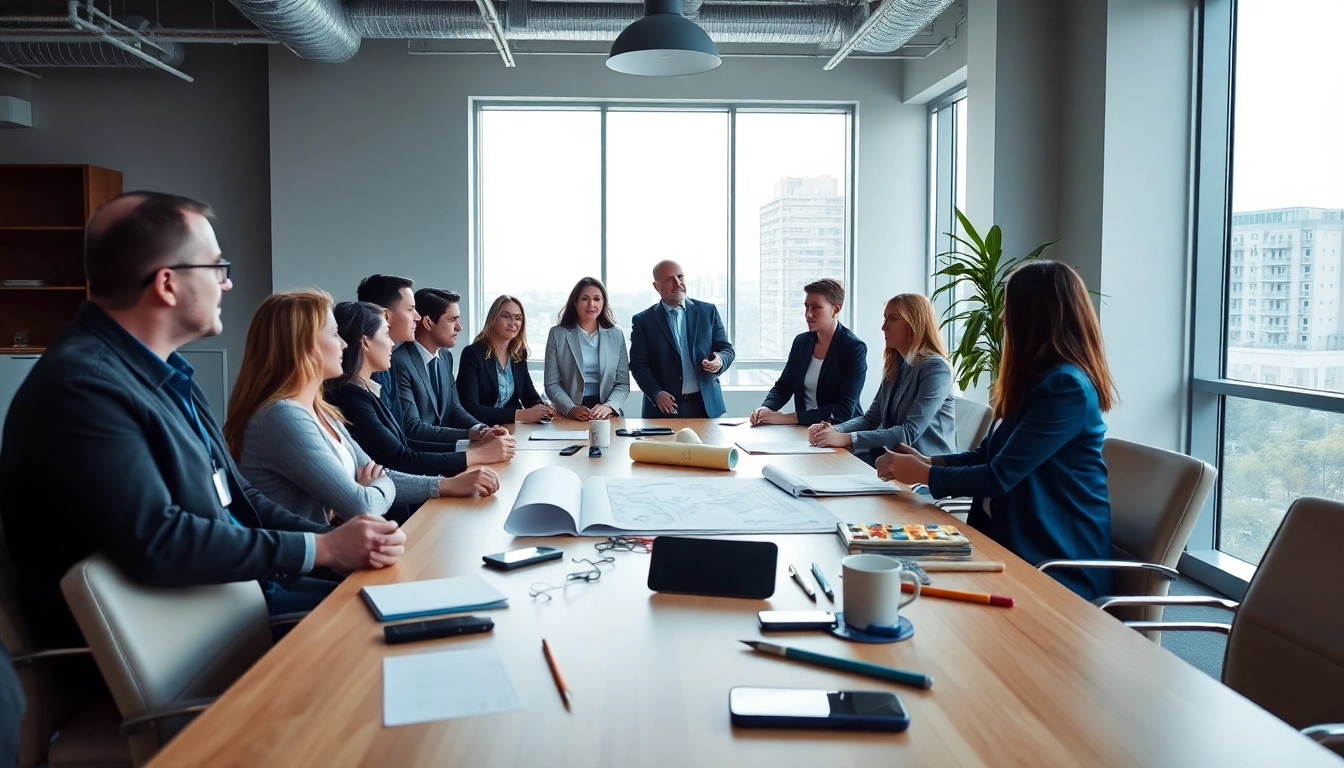 Engaging construction advocacy discussion among professionals in a modern office setting.