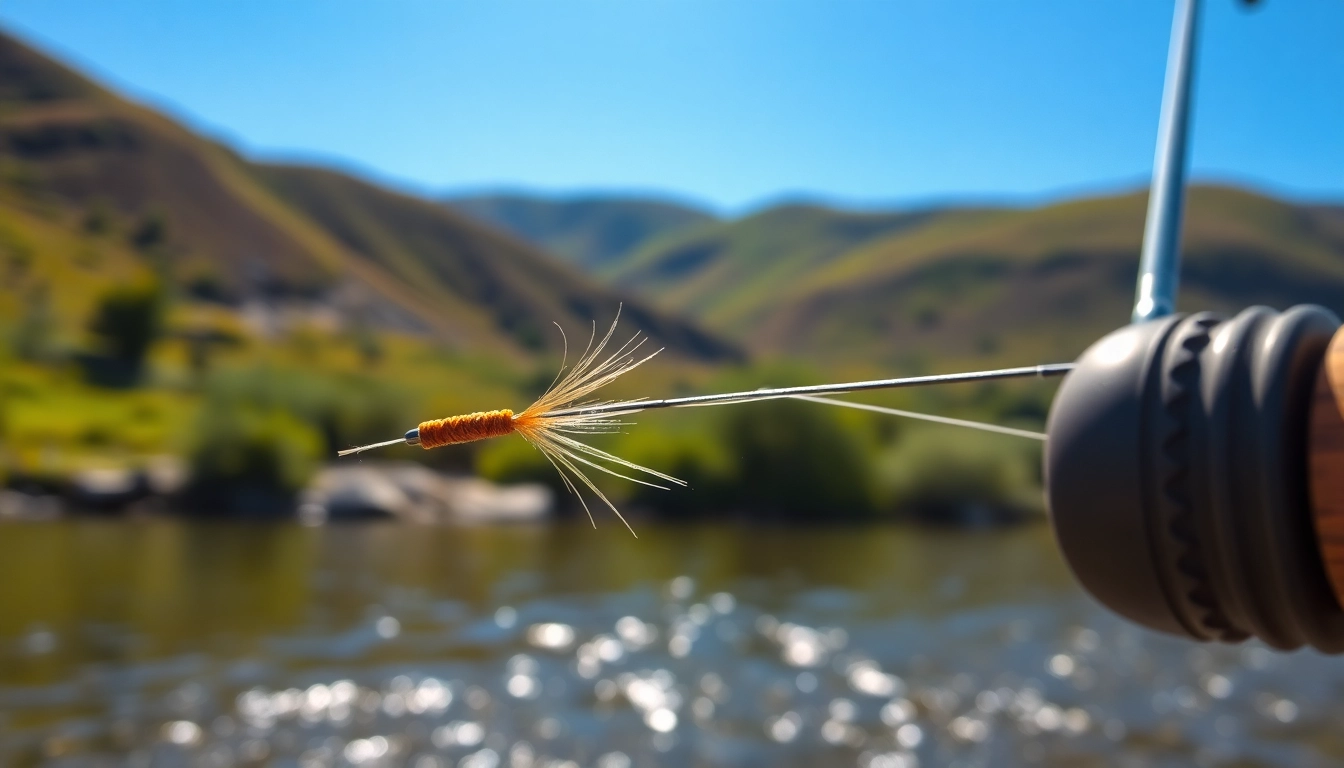 Fly fishing tippet elegantly displayed in a serene river setting with lush background.