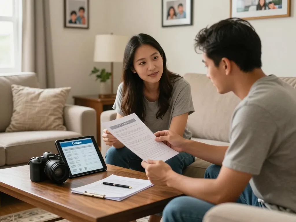 Cash home buyers reviewing property options with a friendly agent in a warm living room setting