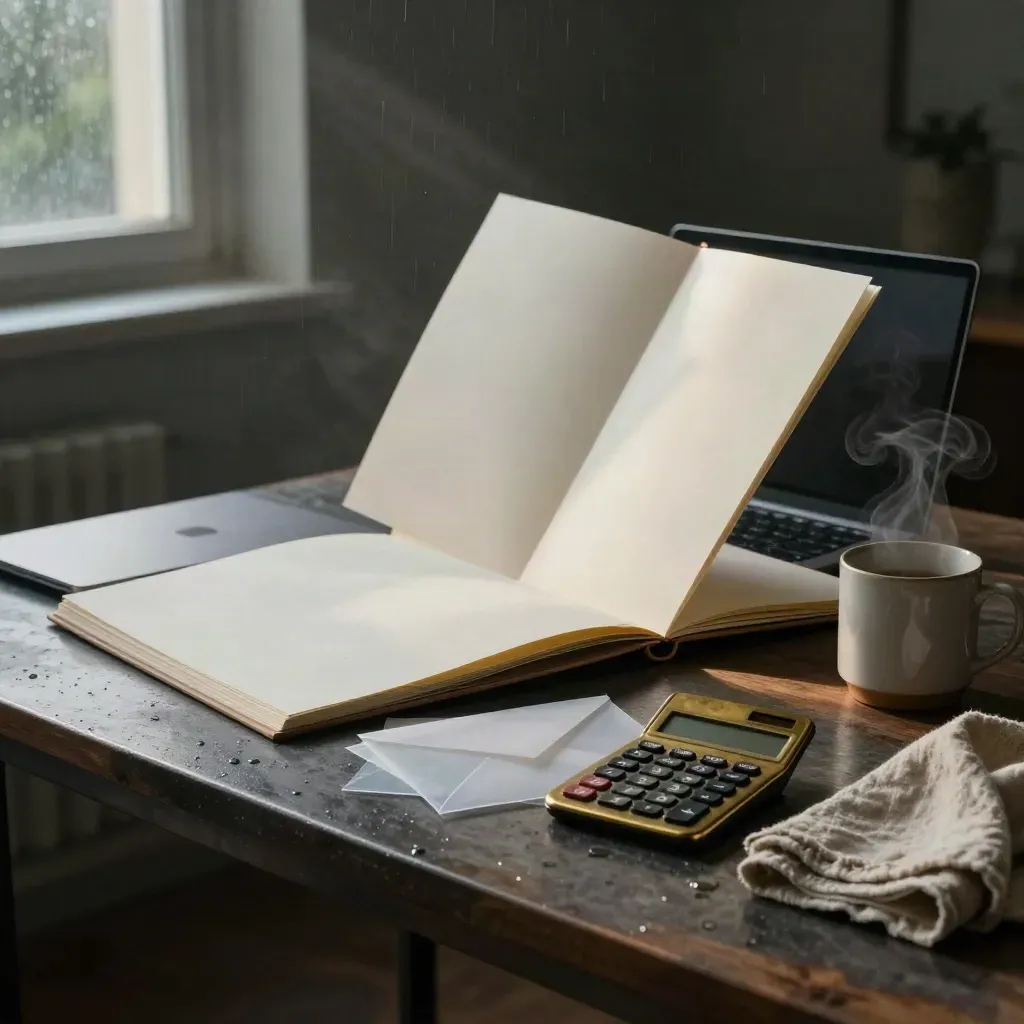 Rain-dark studio table with planning folio, laptop, calculator, envelopes, mug, and cloth in dawn haze.