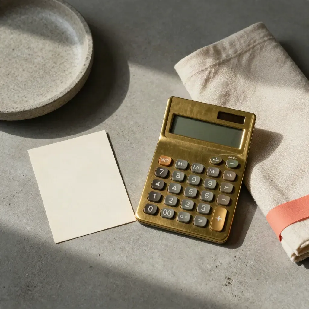Overhead brass calculator, blank price cards, stone dish and linen on concrete with coral accent