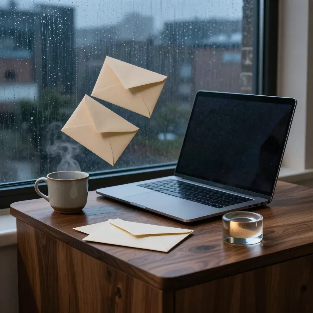 Rainy launch-planning still life with envelopes, dark laptop, cup and paperweight on walnut.
