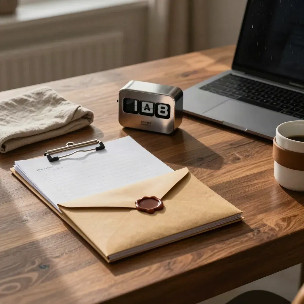 Launch-week desk with envelopes, checklist sheets, timer and angled laptop in rainy light.