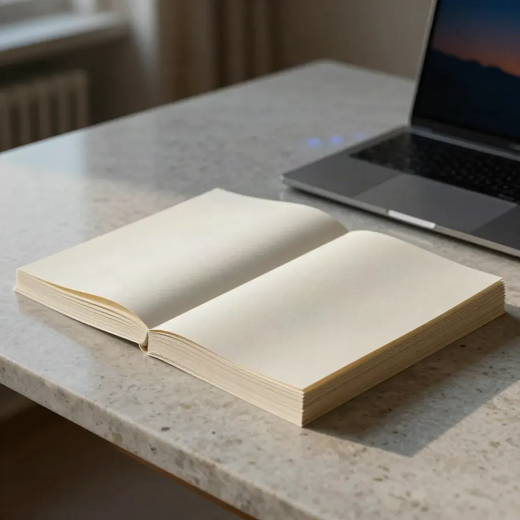 Low-angle dusk shot of a page-kit mockup board, folded samples, and laptop on a travertine studio table.