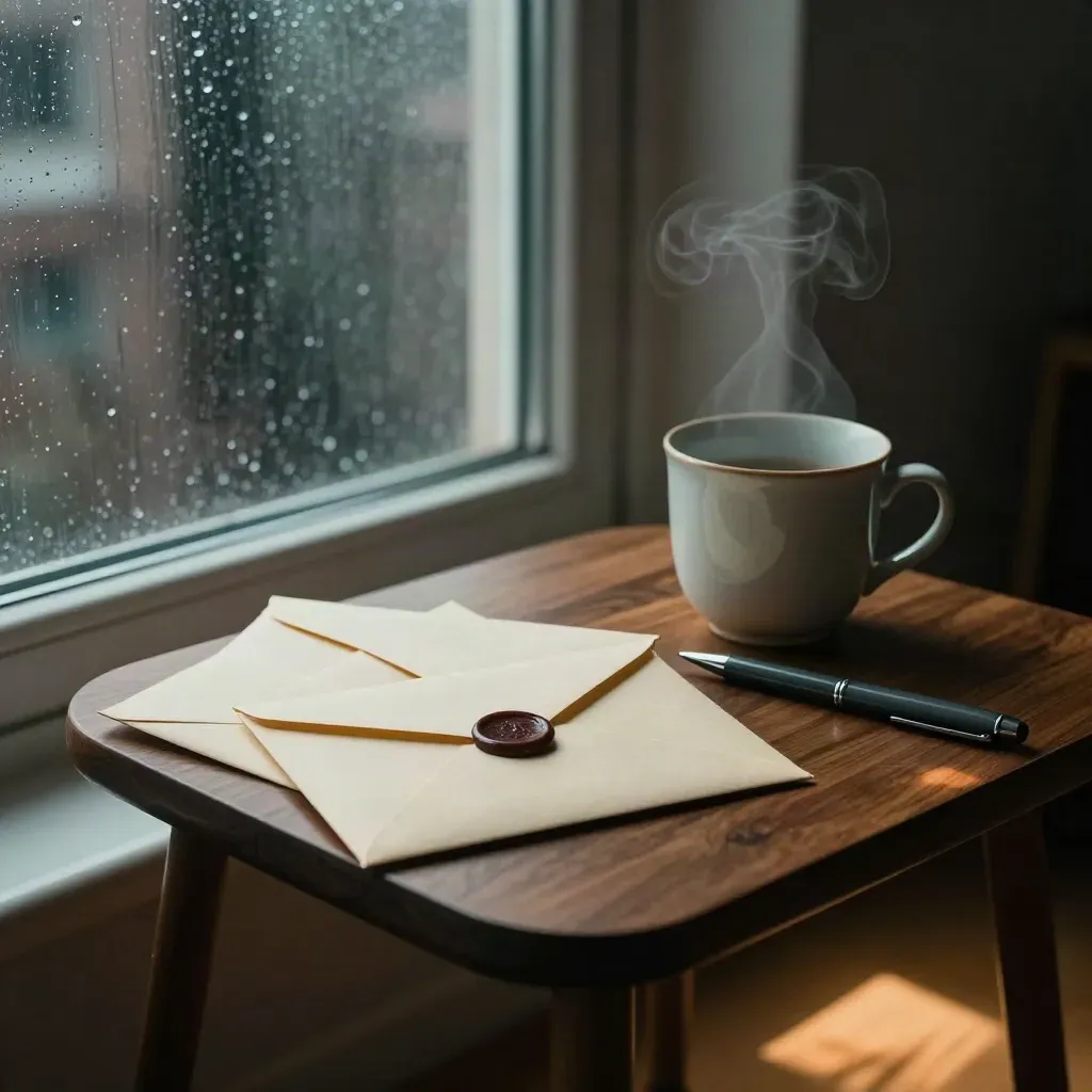 Three sealed envelopes, a steaming cup, and a dark pen by a rainy window