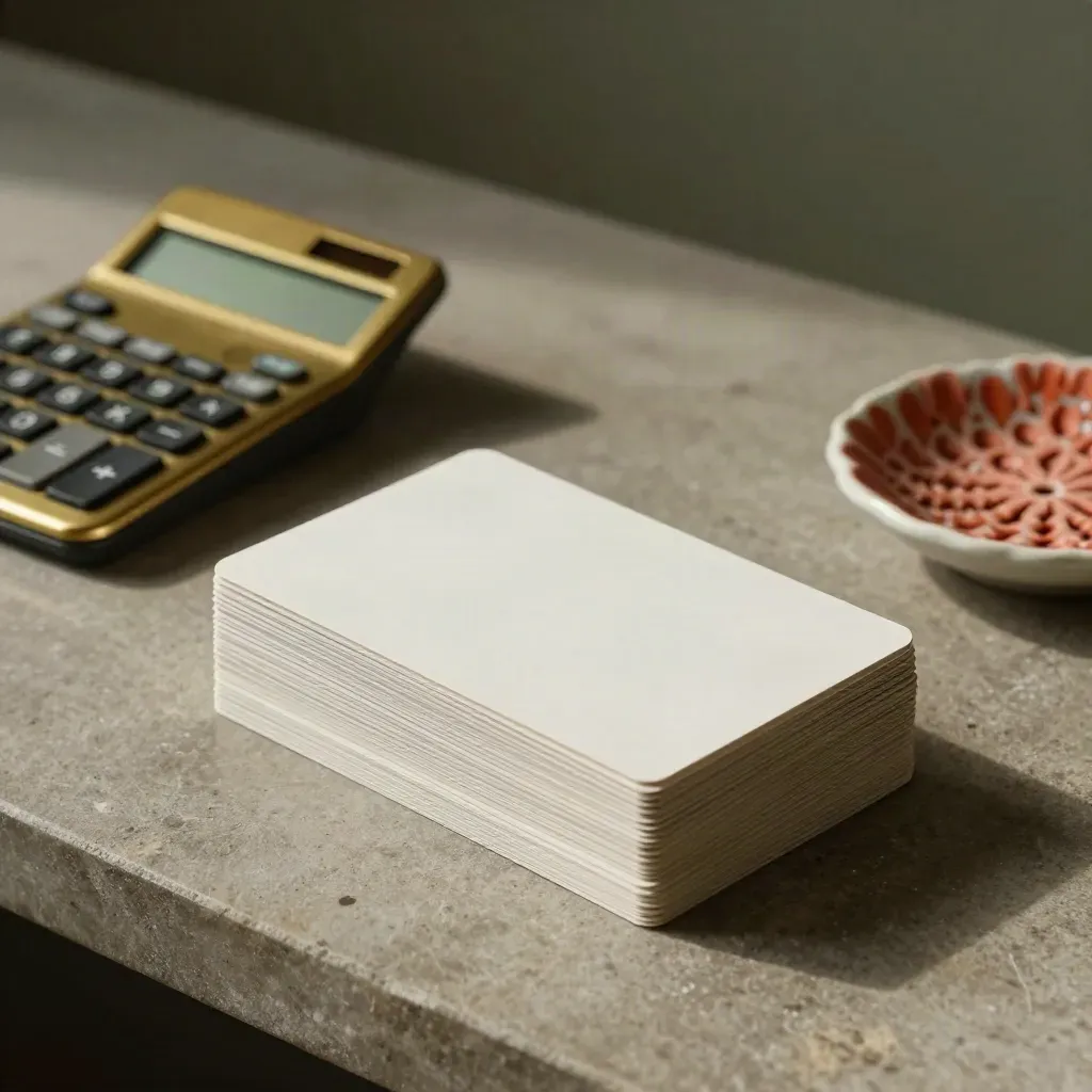 Blank pricing cards, brass calculator, and coral dish on a stone counter.