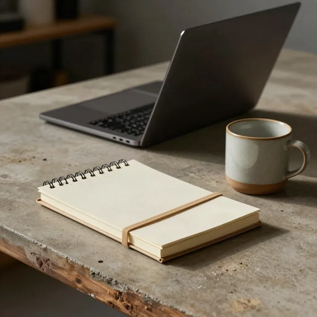 Closed notebook, angled laptop, and mug on a concrete work table in warm workshop haze.