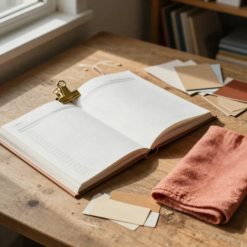 Open audit-tab binder on a warm workbench with brass clip and folded cloth in soft window light.