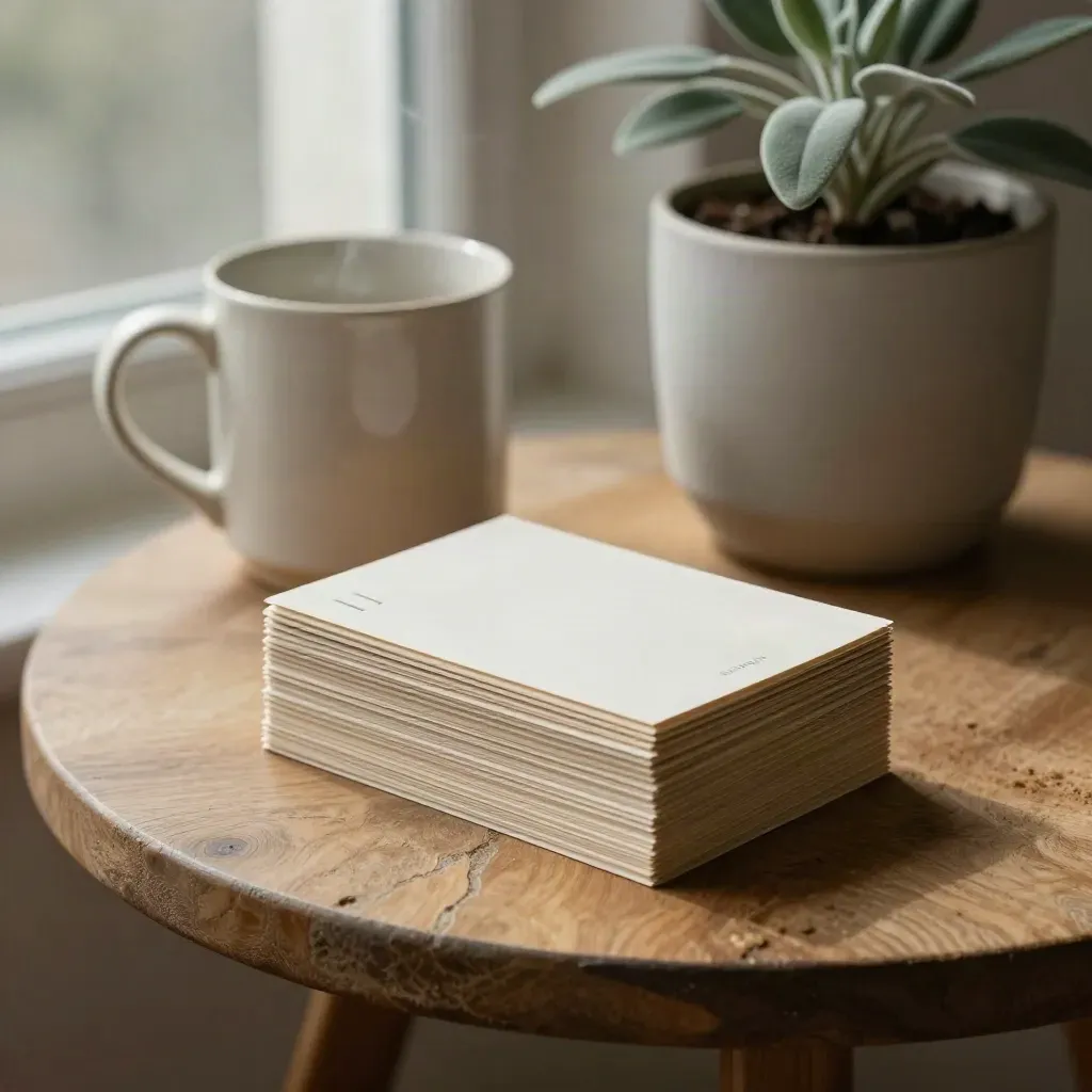 Stacked case-study cards beside a steaming mug and pale plant pot on a window-side table.