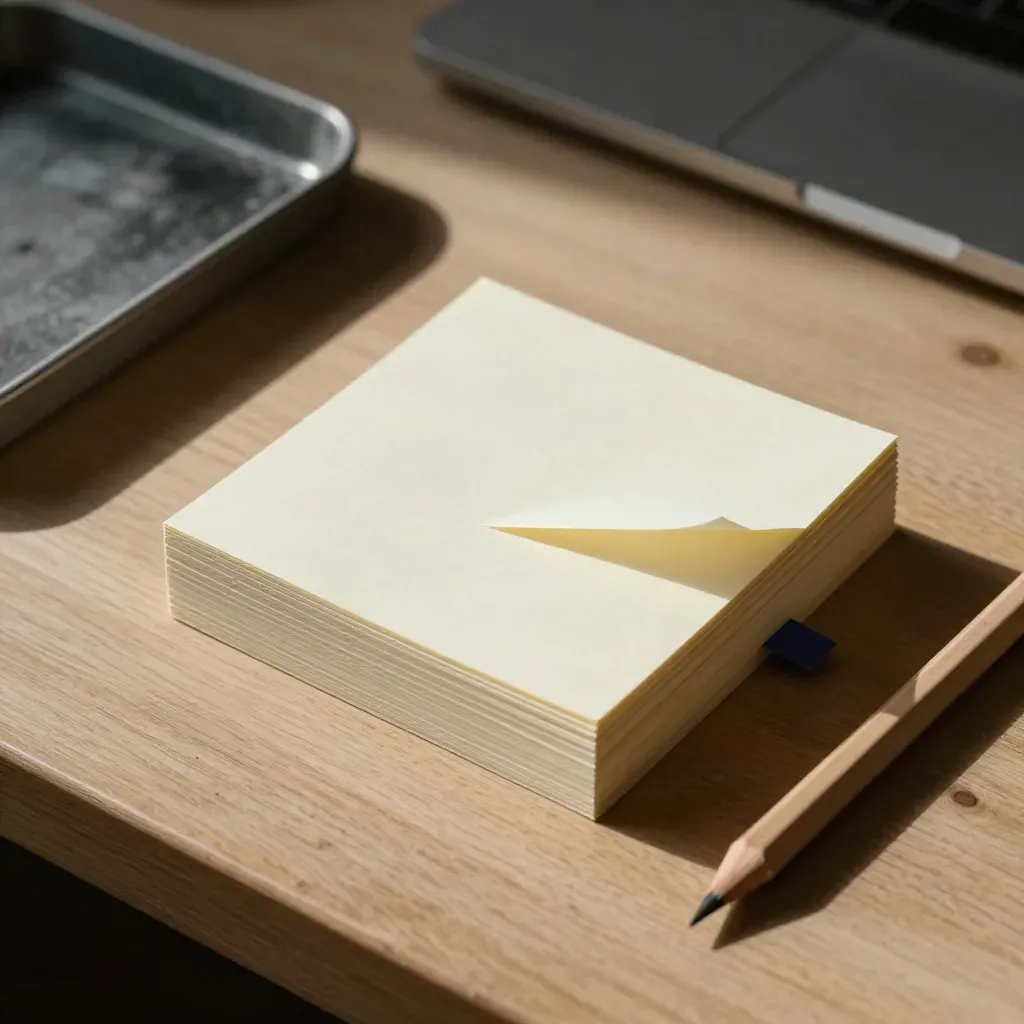 Overhead of aligned note cards, pencil, and tray on a sunlit desk with shifting shadows.