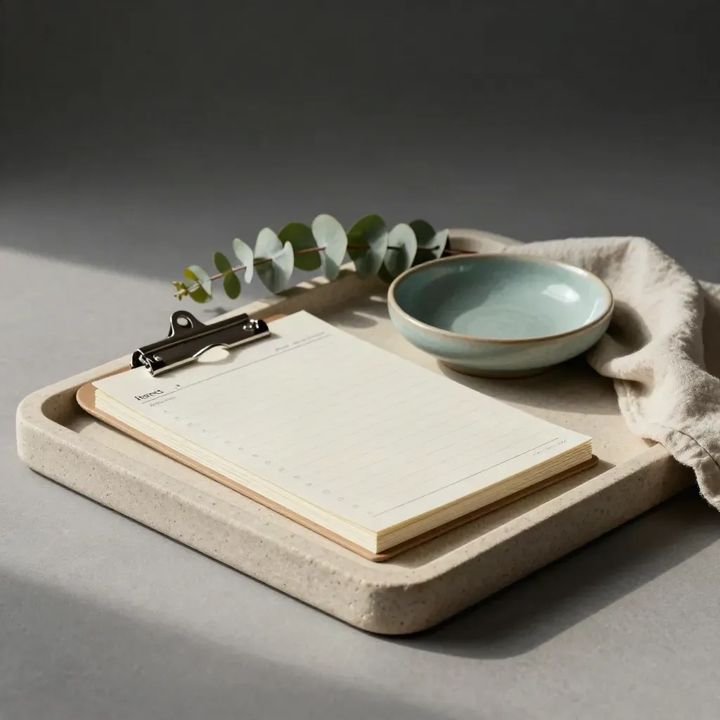 Cream clipboard launch-planning still life with dish, eucalyptus, and folded cloth on stone