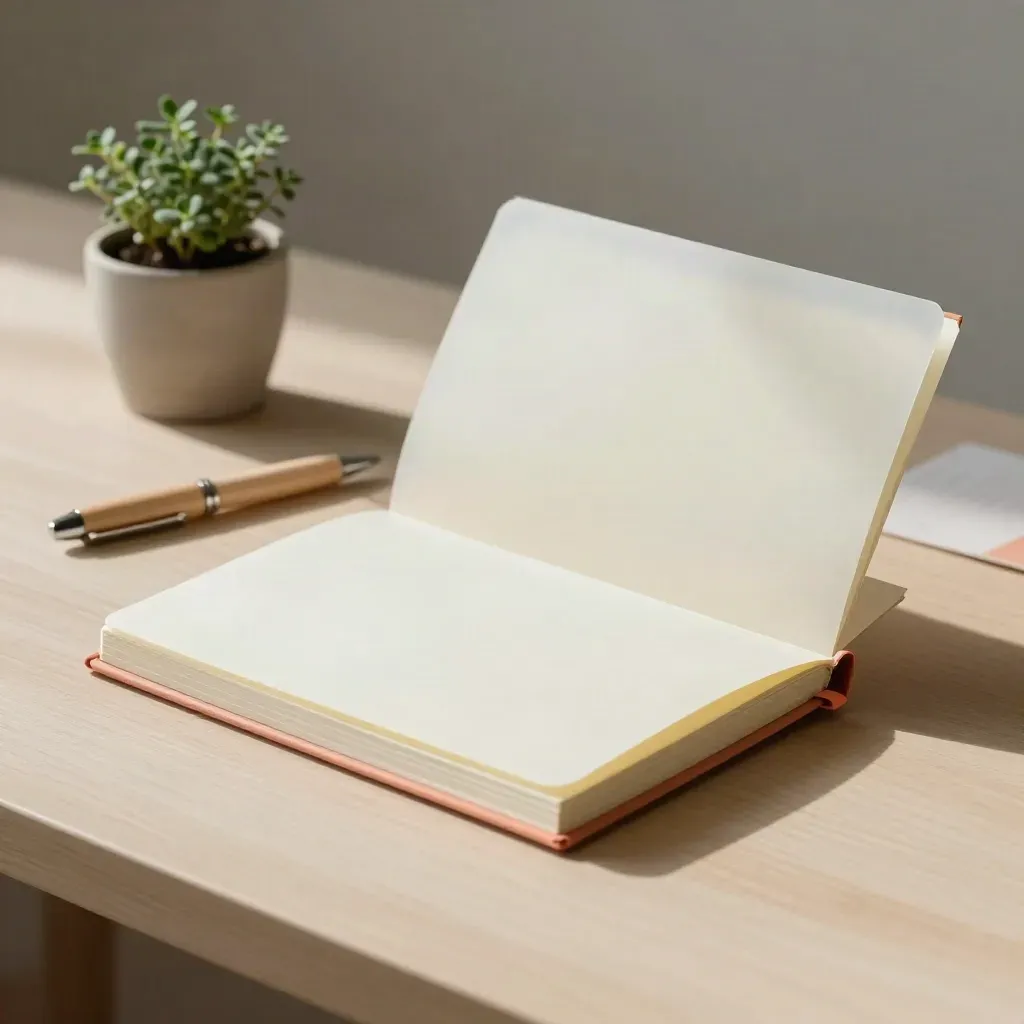 Open binder with layout sleeves, glass paperweight, pale wood pen and small herb on pale oak.
