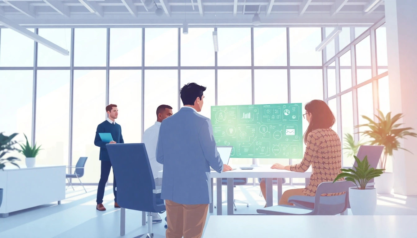 Showcasing an assistant for enterprise helping diverse professionals collaborate in a modern office.
