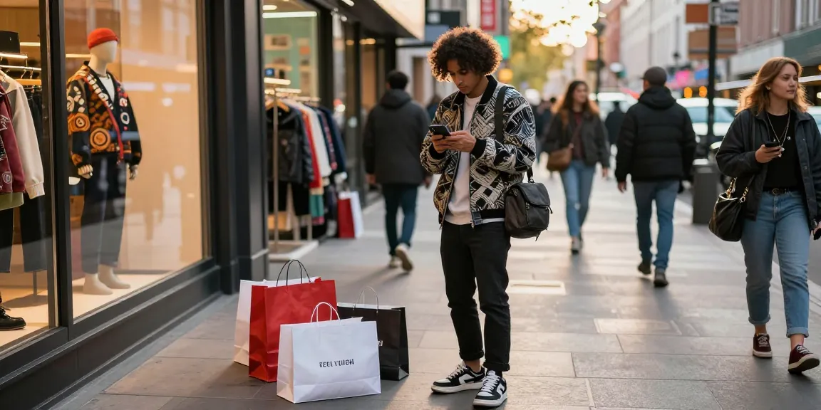 Stylish shopper exploring premium items on shs-dome5.com in a vibrant urban setting.