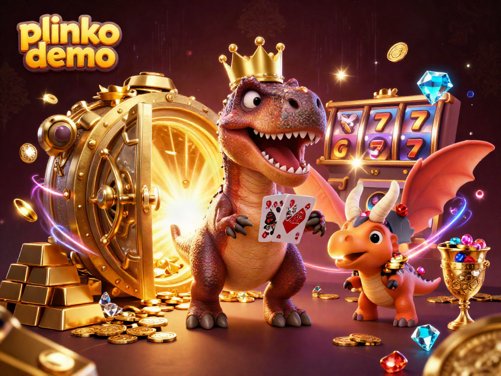 Experience an exciting plinko demo with a cartoon T-Rex shuffling cards amidst treasure and slot machines.