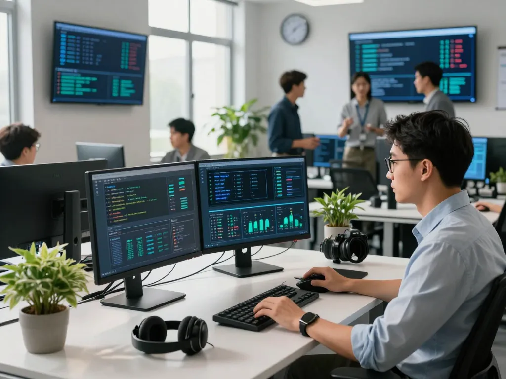 IT professional analyzing network security at https://shs-dome5.com/ in a modern office.