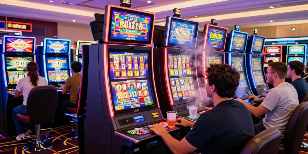 Permainan slot777 dengan pemain yang merayakan kemenangan besar di kasino.