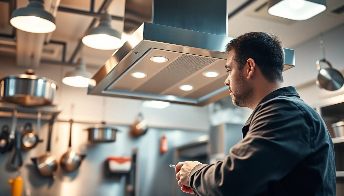 Technician performing exhaust hood installation in a modern kitchen environment.