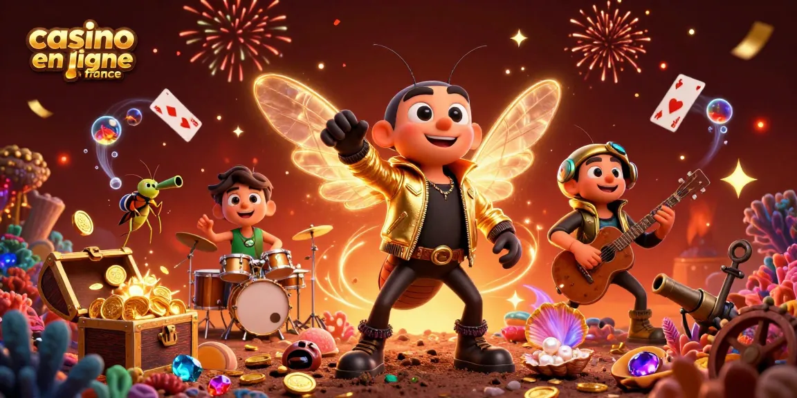 Découvrez le casino en ligne France avec cette illustration dynamique animée par une cigale rock star et des éléments de jeu