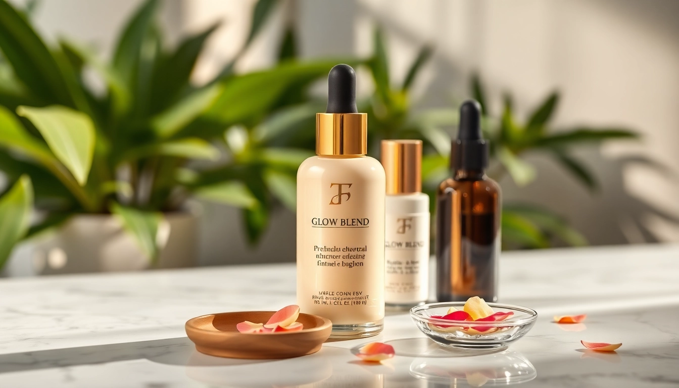 Glow Blend skincare product showcasing its luminous properties against a marble background.