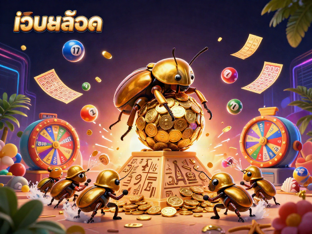 Engage with เว็บสล็อต through an energetic 3D scene showcasing golden beetles and vibrant lottery elements.