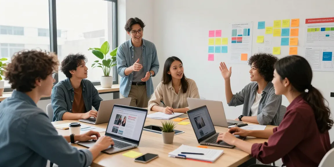 Collaborative team at digital marketing agency KL developing strategies and campaigns in a vibrant office.