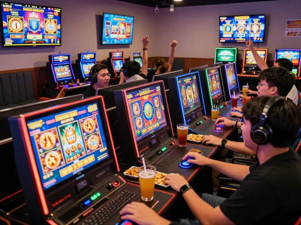 Players celebrating wins at slot gacor hari ini gaming lounge with vibrant machines and exciting atmosphere.