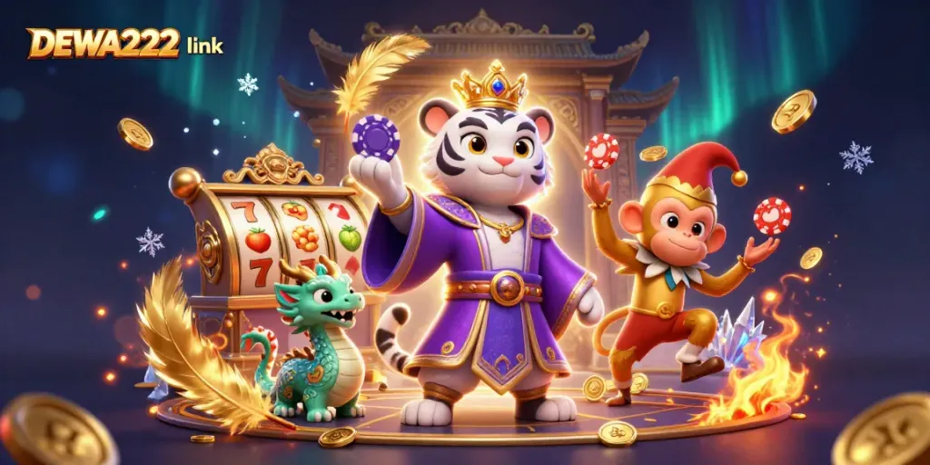Win big with DEWA222 link as a royal tiger and jester monkey bring vibrant casino action to life.
