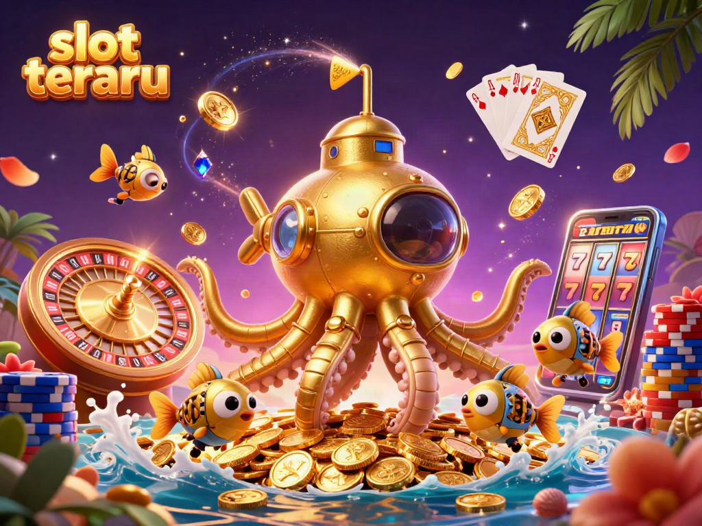 Spin to win with slot terbaru as the golden kraken submarine navigates a sea of coins and gems.