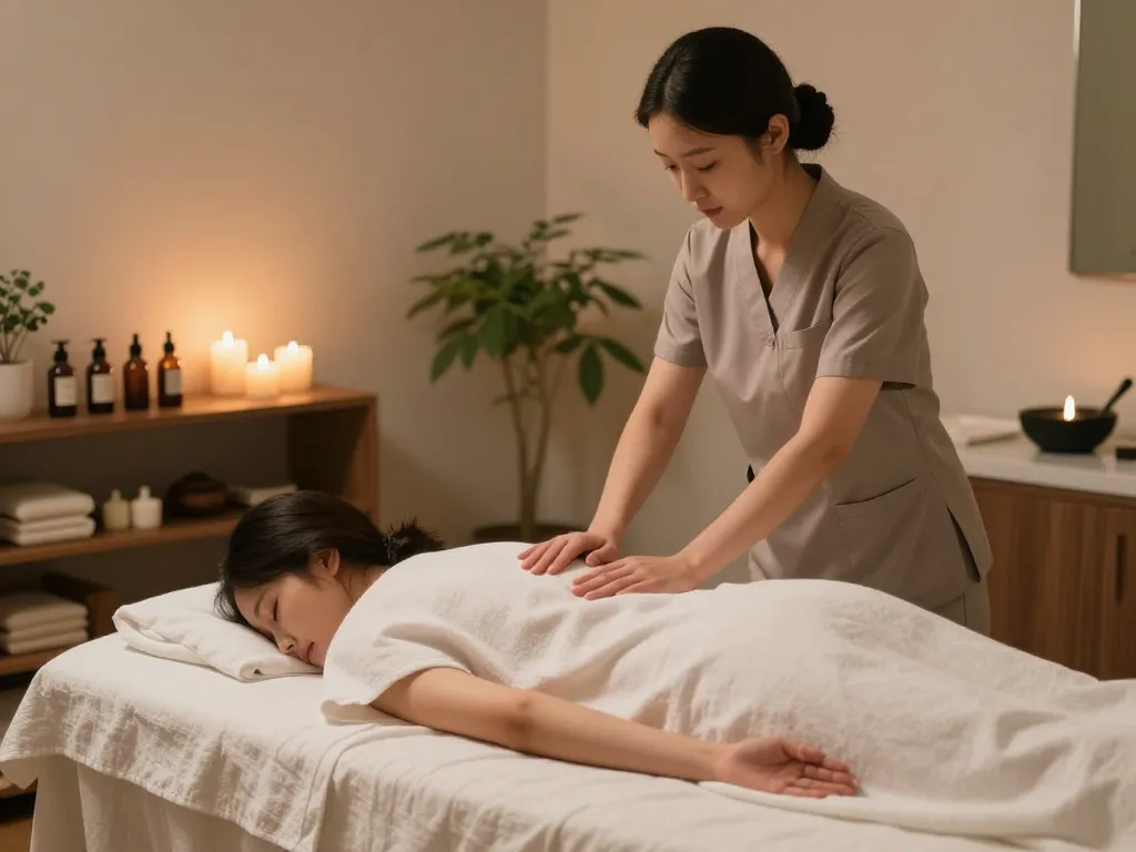 신사동마사지 in a modern spa setting, therapist providing soothing treatment.