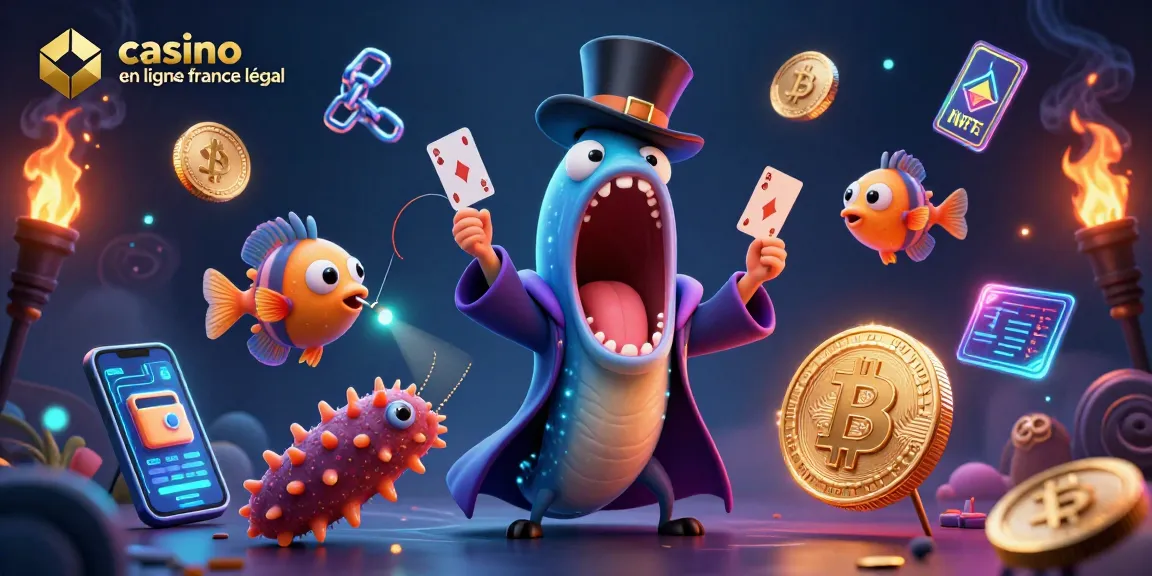 Illustration 3D d'un casino en ligne France légal avec un mur de poissons et des pièces de cryptomonnaies.