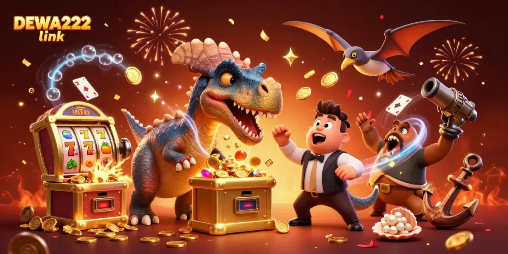 Experience DEWA222 link with a dynamic 3D casino scene featuring thrilling slot wins and animated excitement.