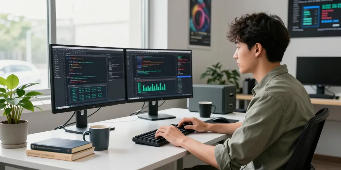 Crushon software engineer coding with multiple screens in a modern workspace