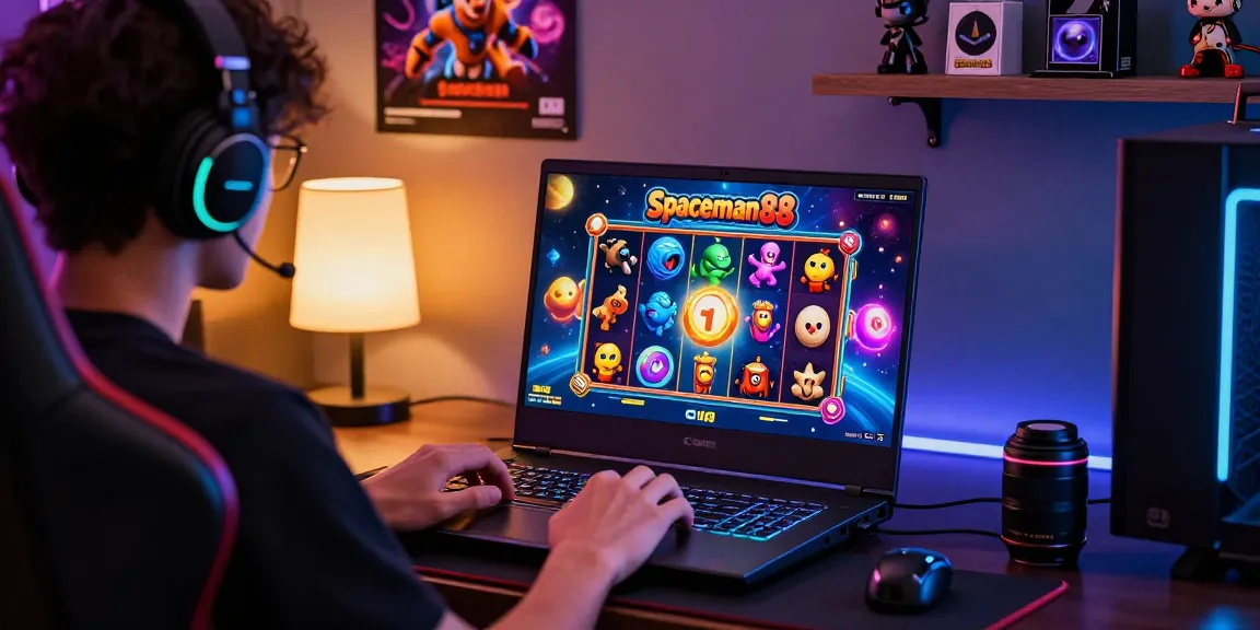 Player engaged in Spaceman88 slot game on a gaming laptop, vibrant graphics and gaming accessories set in an immersive atmosphere.