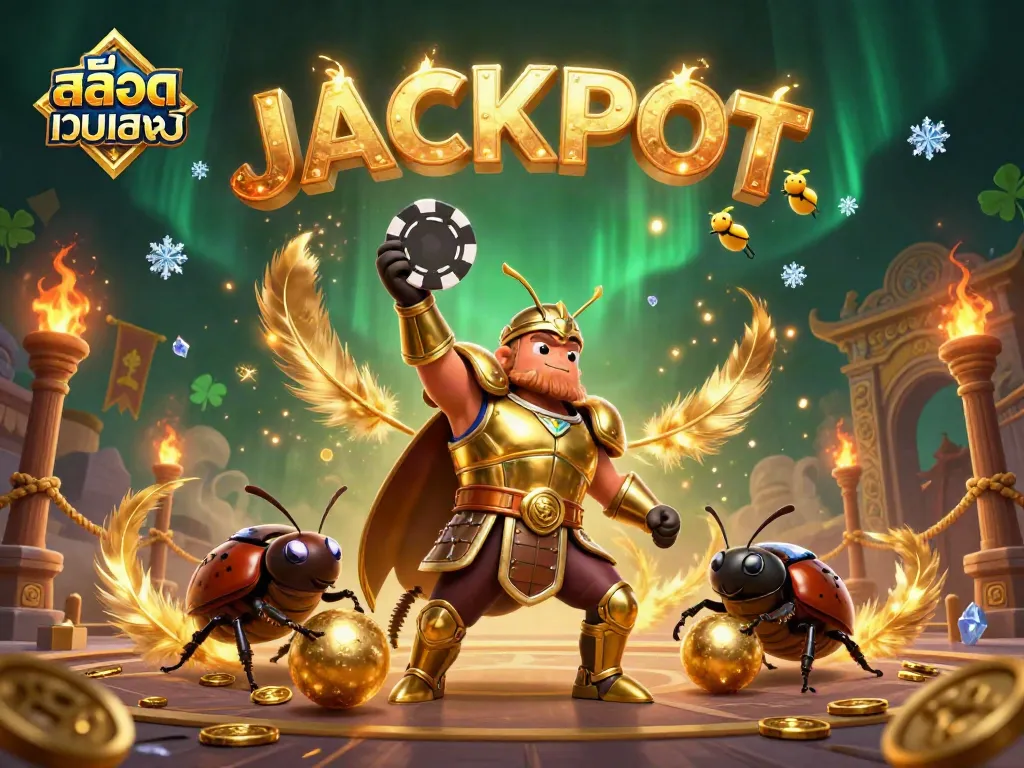 เล่นสล็อตเว็บตรงแท้ ในบรรยากาศคาสิโนที่ตื่นเต้น รวมถึงตัวละครข beetle และกระจุกไฟที่เขียน JACKPOT
