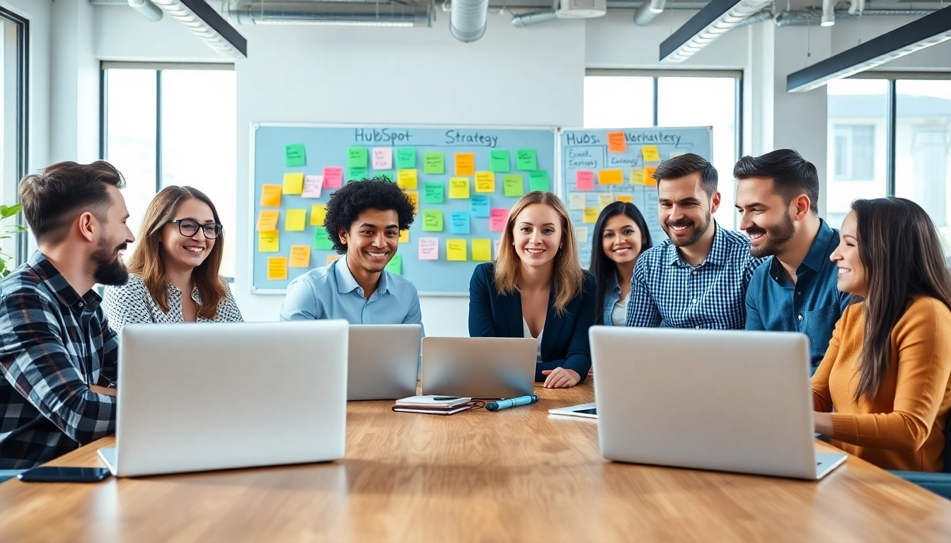 Team collaborating on agencia hubspot strategies in a bright, modern office.