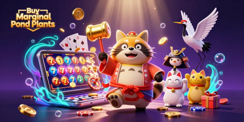 Buy Marginal Pond Plants with an engaging 3D casino scene featuring cheerful characters and gaming elements.