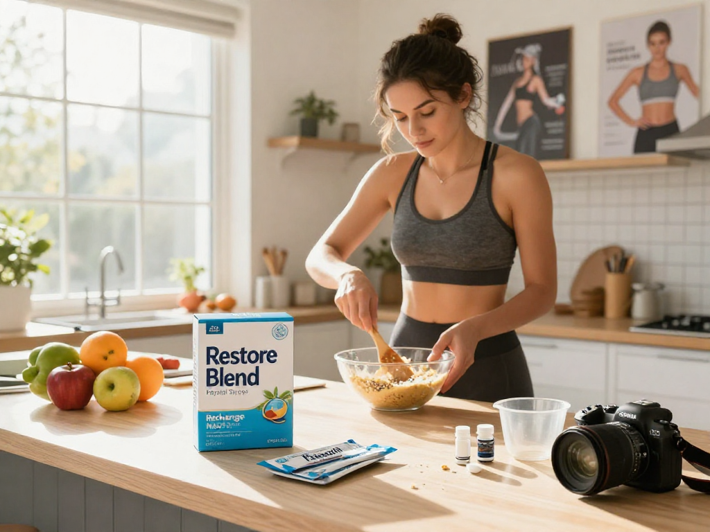 TB 500 Benefits highlighted in a vibrant kitchen scene featuring health supplements and an energetic fitness enthusiast mixing ingredients.