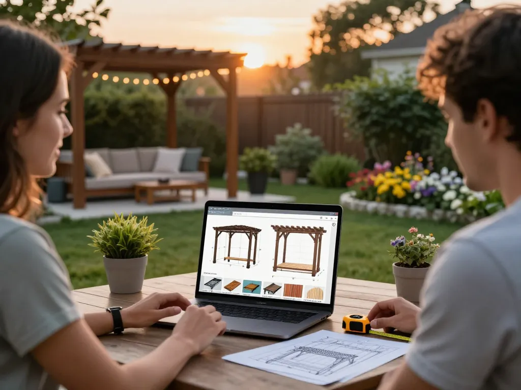 Couple using an online pergola configurator to design their outdoor space surrounded by plants and warm light.
