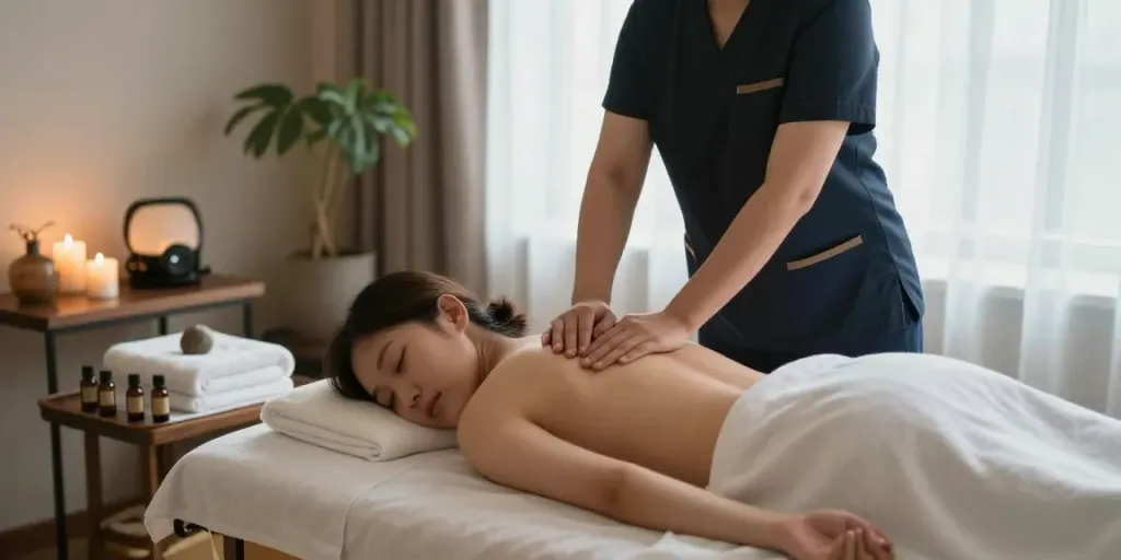 Calming wellness environment showcasing 당산출장마사지, therapist performing soothing Swedish massage in a serene room.