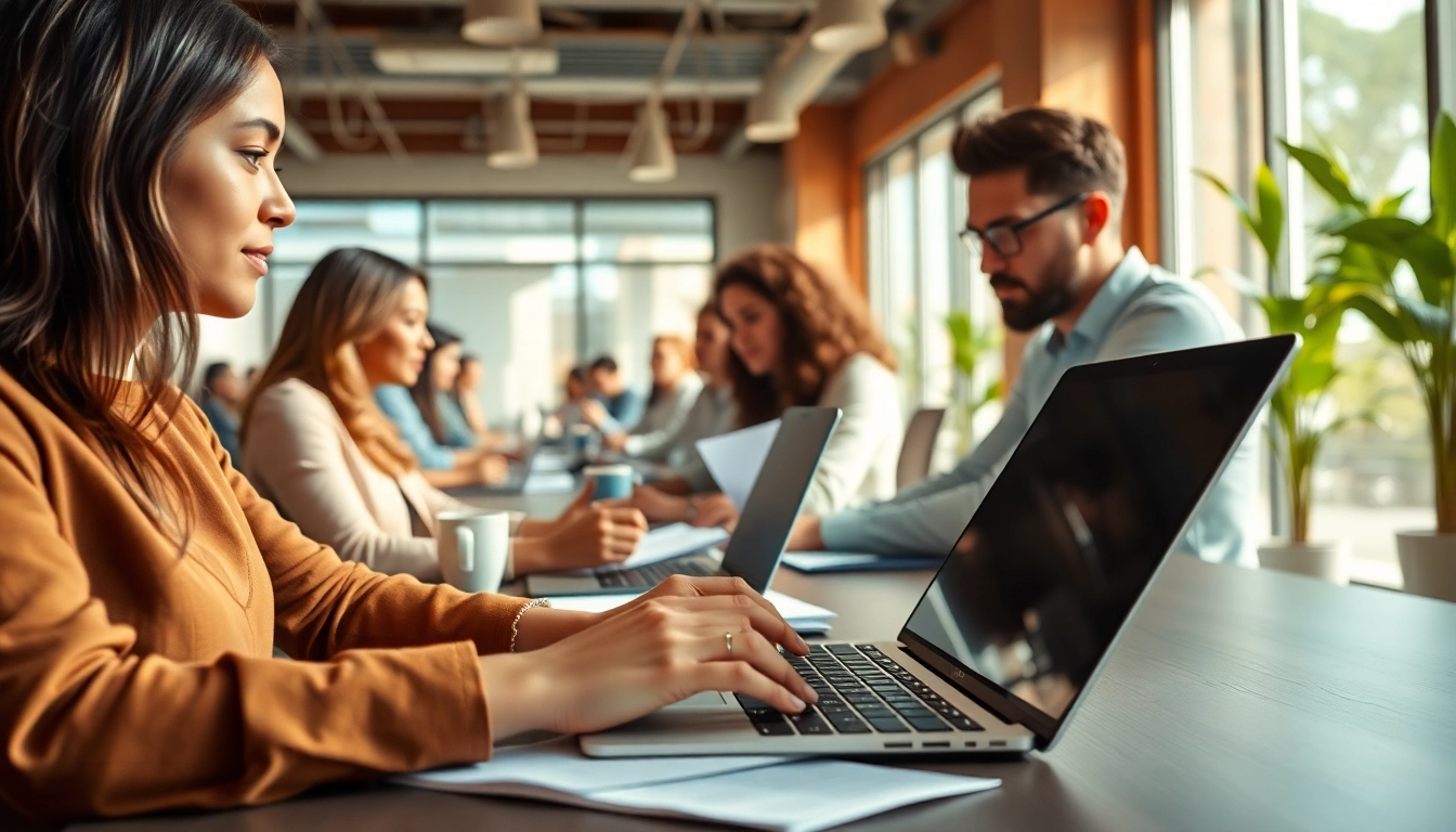 Engaged professionals at a typing center, showcasing productivity in a modern office.