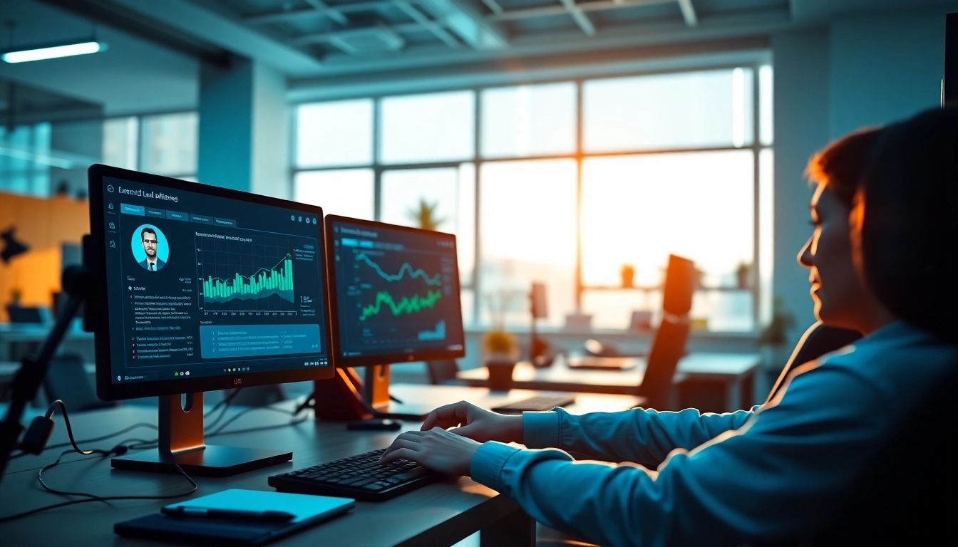 Engaging scene showcasing a digital marketer utilizing linkedin lead scraping software in a modern workspace.